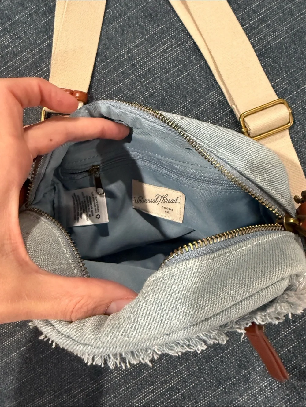 Universal Thread Light Blue Denim Crossbody with Tan Leather Accents